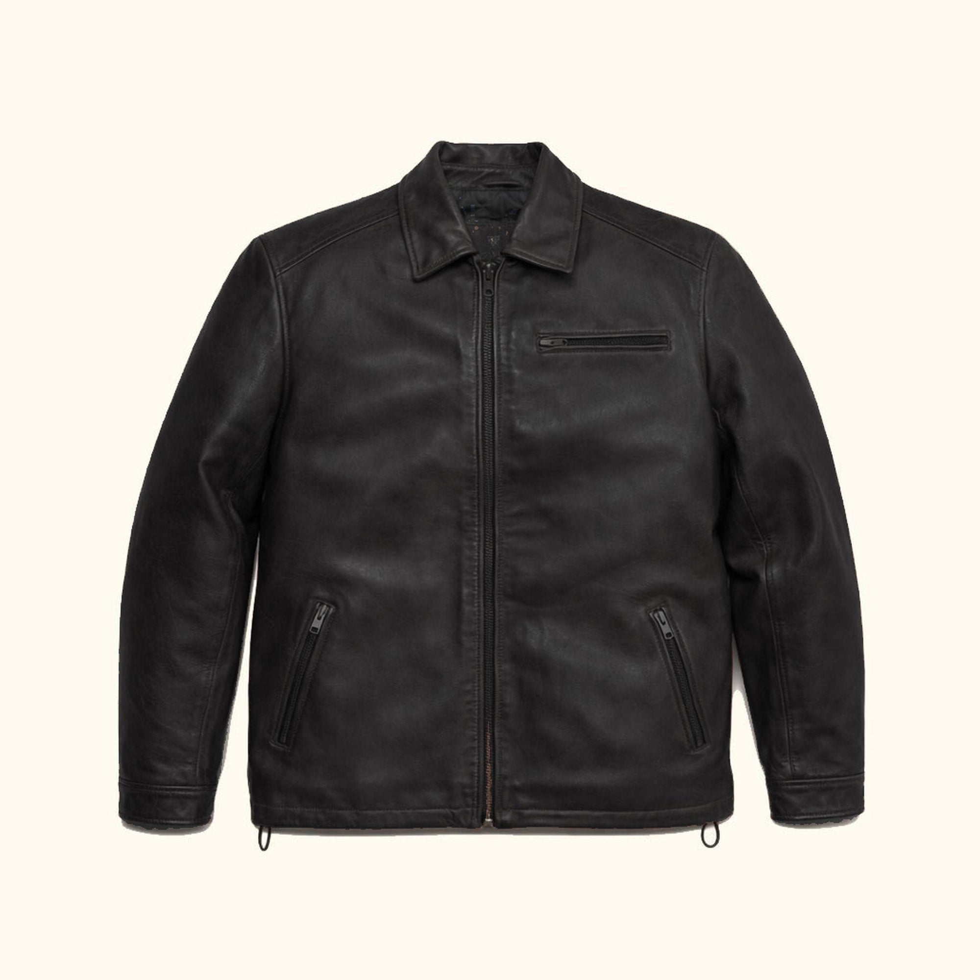 Glenwood Leather Driving Jacket in Vintage Black, front view, zipped.