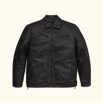 Glenwood Leather Driving Jacket in Vintage Black, front view, zipped.
