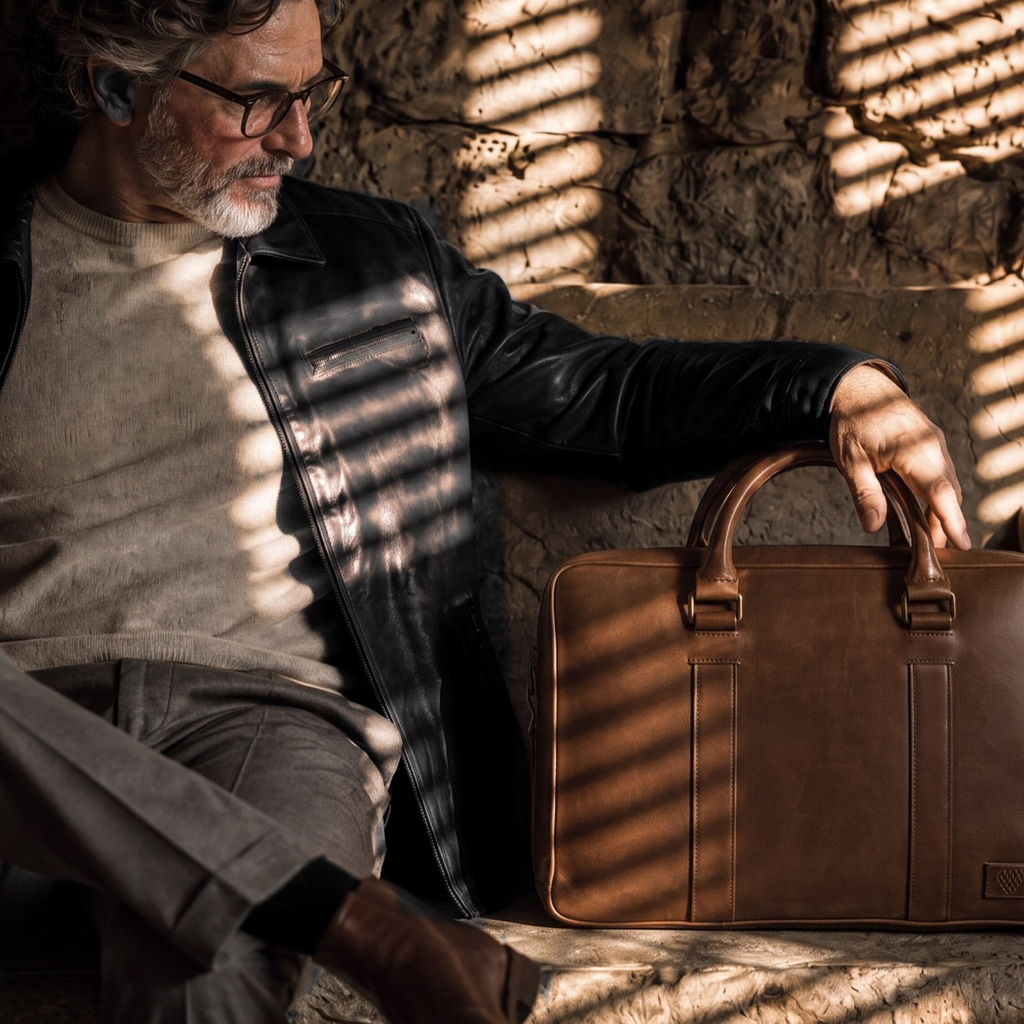 Man in the Glenwood Leather Driving Jacket in Vintage Black seated on a stone bench in slatted sunlight, a leather briefcase beside him.