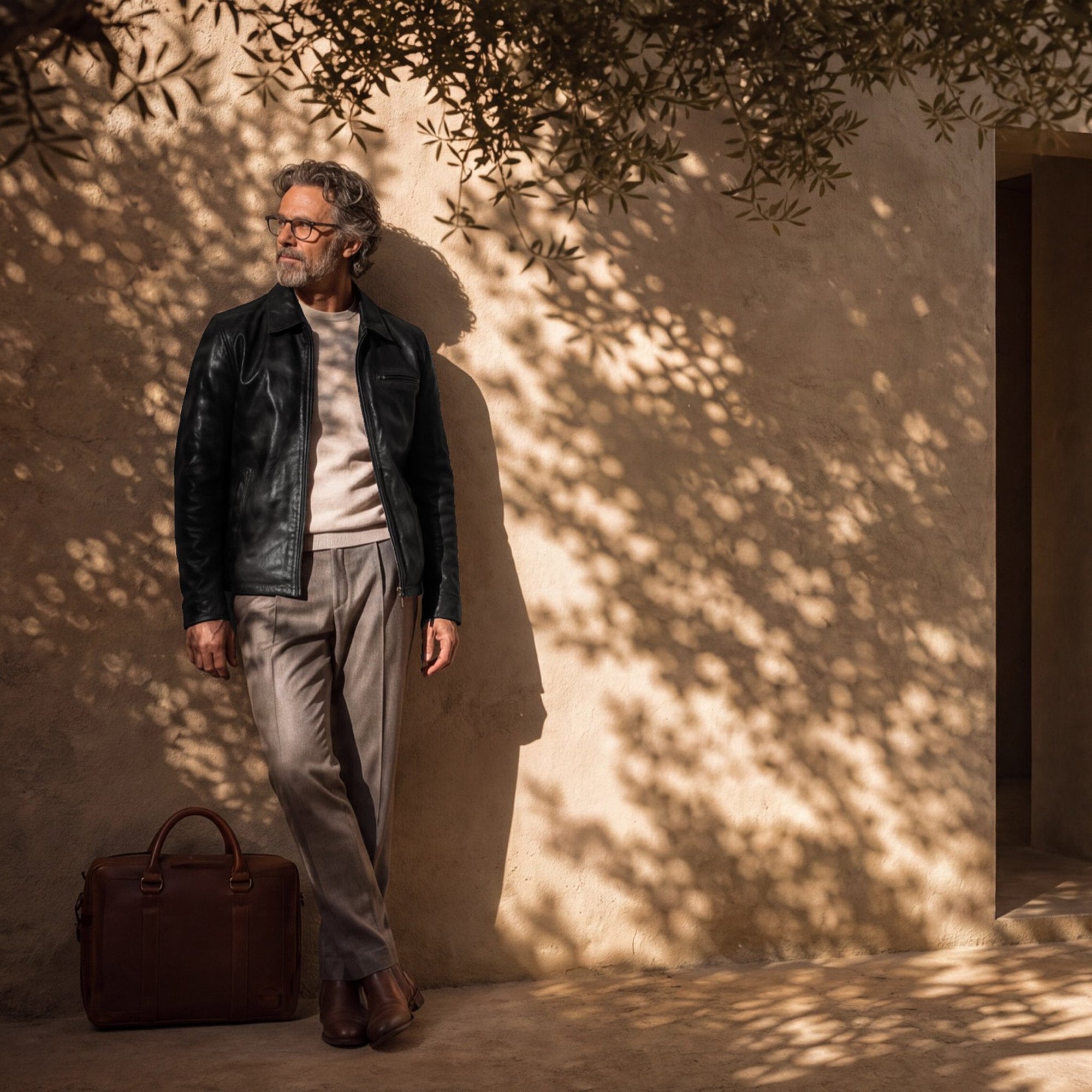 Man in the Glenwood Leather Driving Jacket in Vintage Black leaning on a sunlit stucco wall, a leather briefcase at his feet.