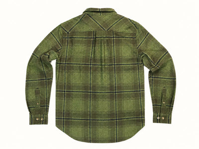 An olive green plaid flannel shirt shown from the back, featuring a button-down long sleeve design and a curved hem, laid flat against a white background.