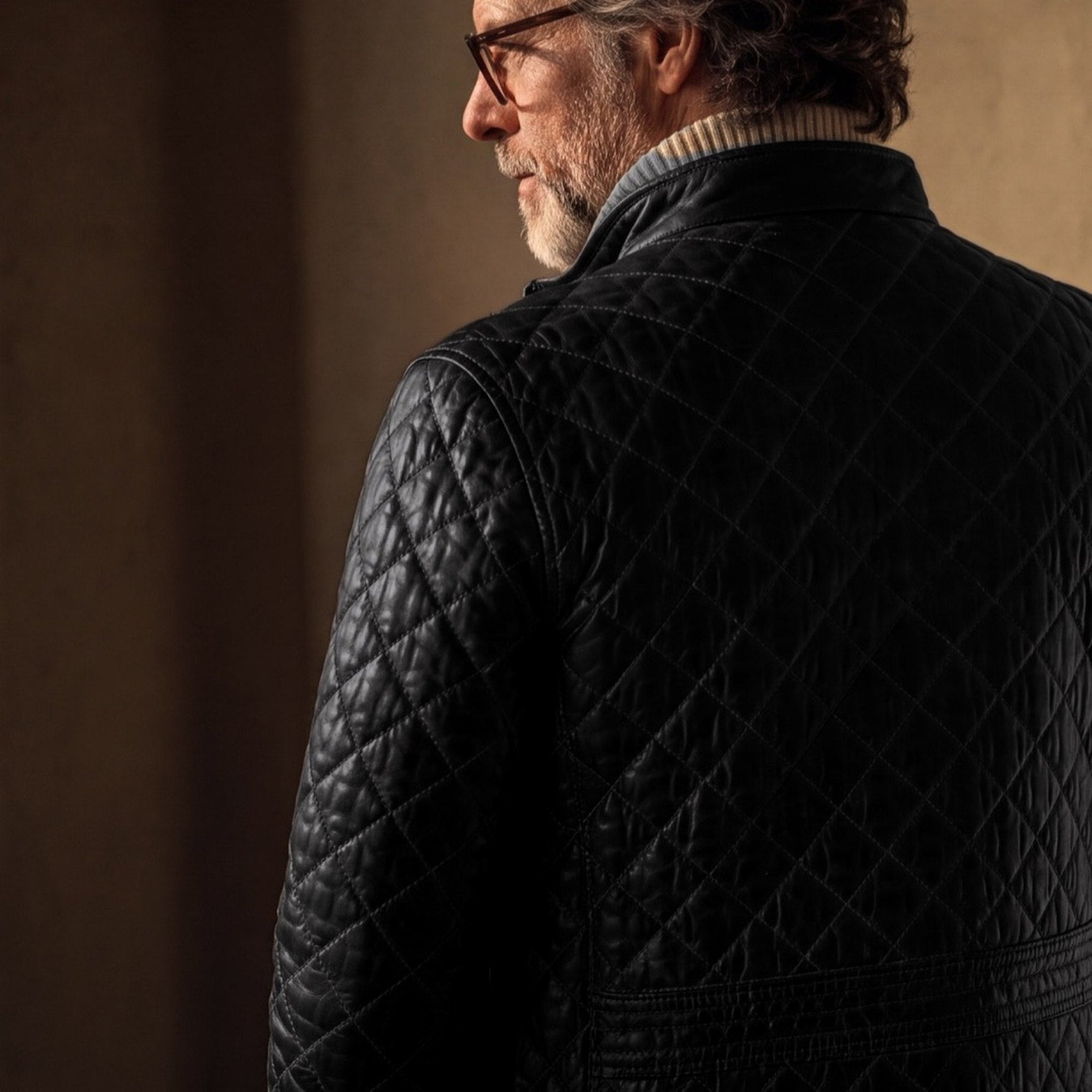 Back view of the Highlands Quilted Leather Jacket in Black in slatted evening light.