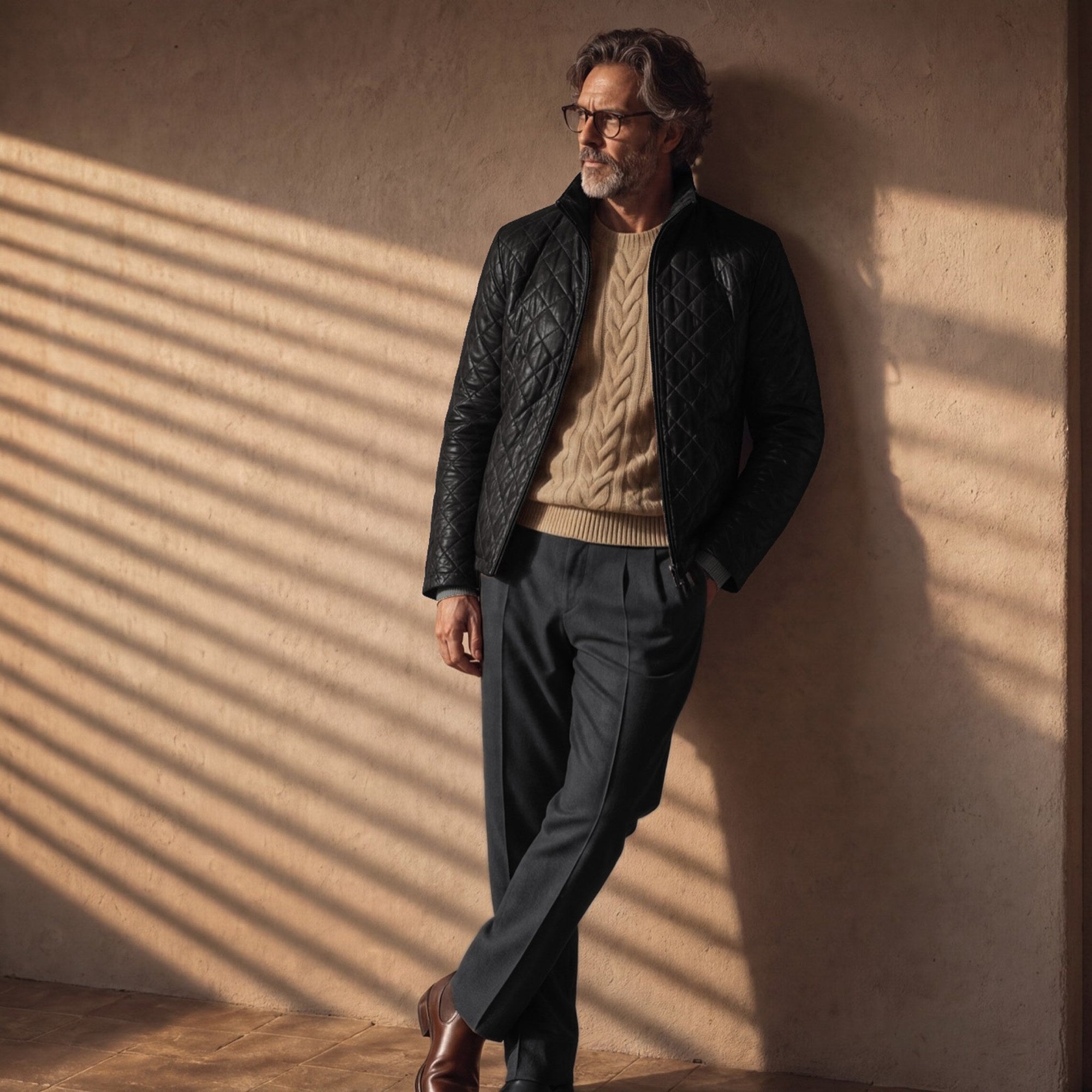 Man in the Highlands Quilted Leather Jacket in Black leaning on a sunlit wall.