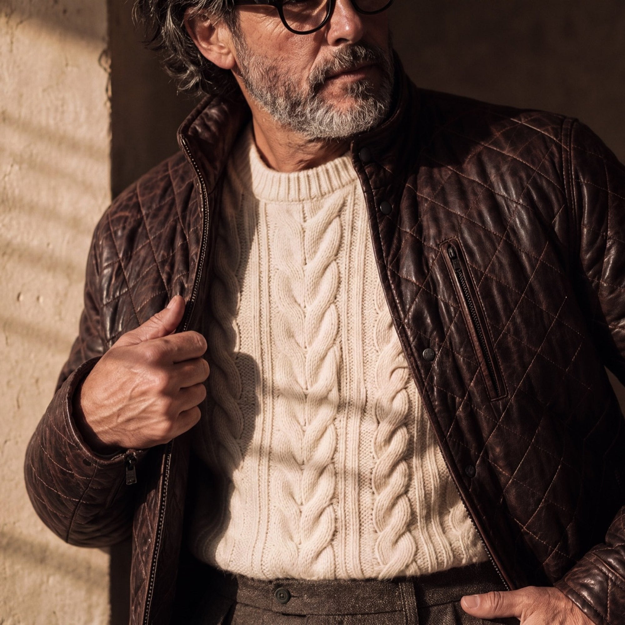 Man in the Highlands Quilted Leather Jacket in Mahogany Brown worn open over a cream cable-knit sweater.