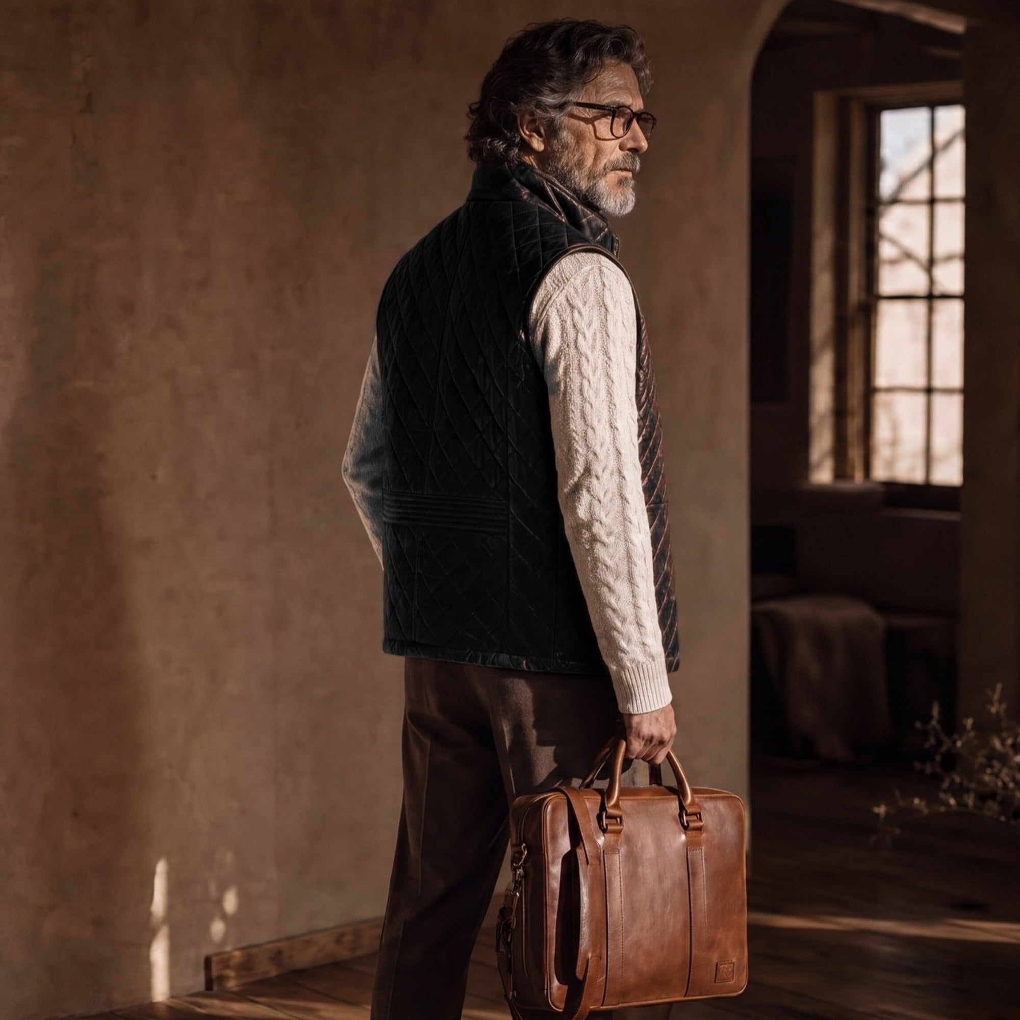 Man in the Highlands Quilted Leather Vest in Black in a sunlit room, carrying a leather briefcase.