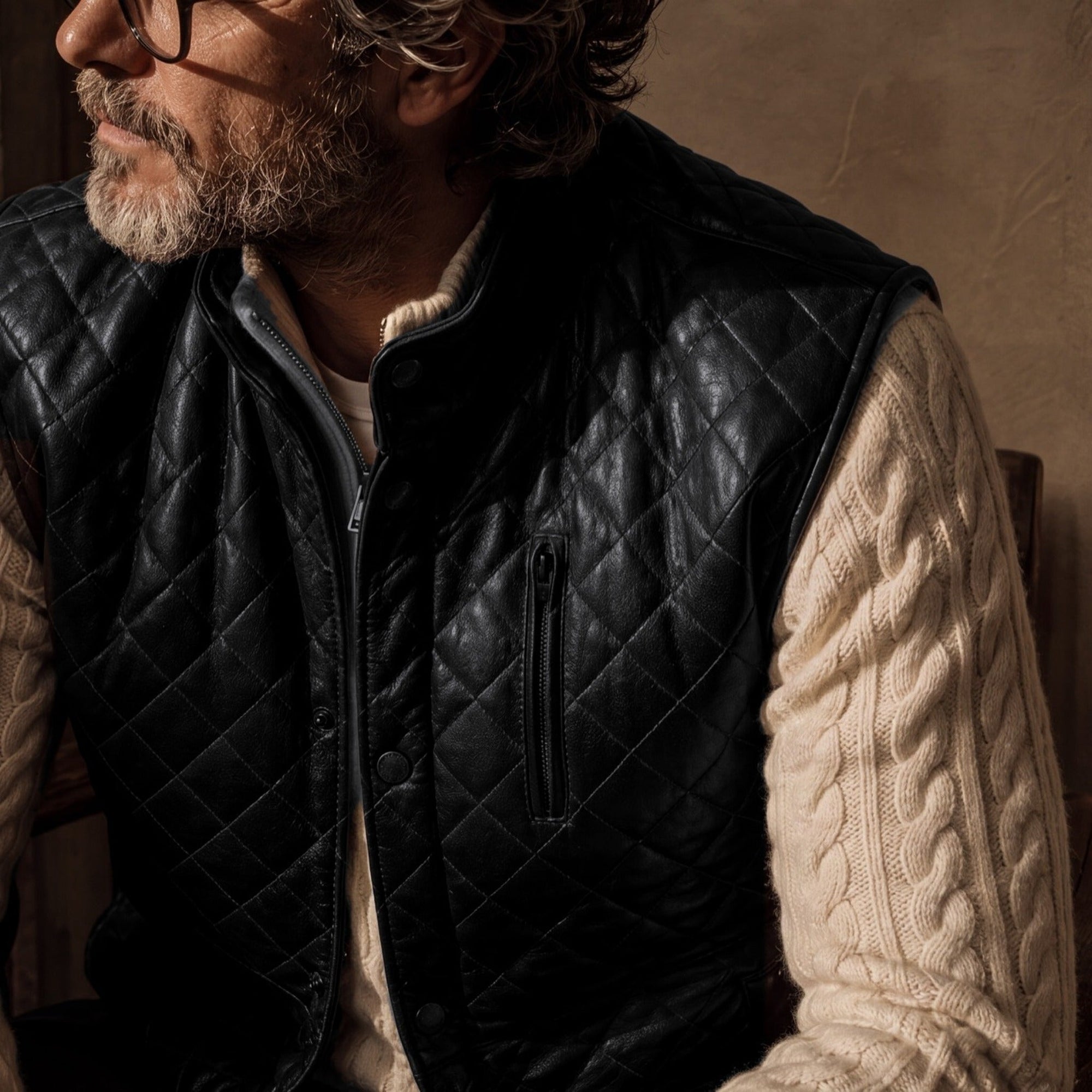 Man in the Highlands Quilted Leather Vest in Black over a cream cable-knit sweater.