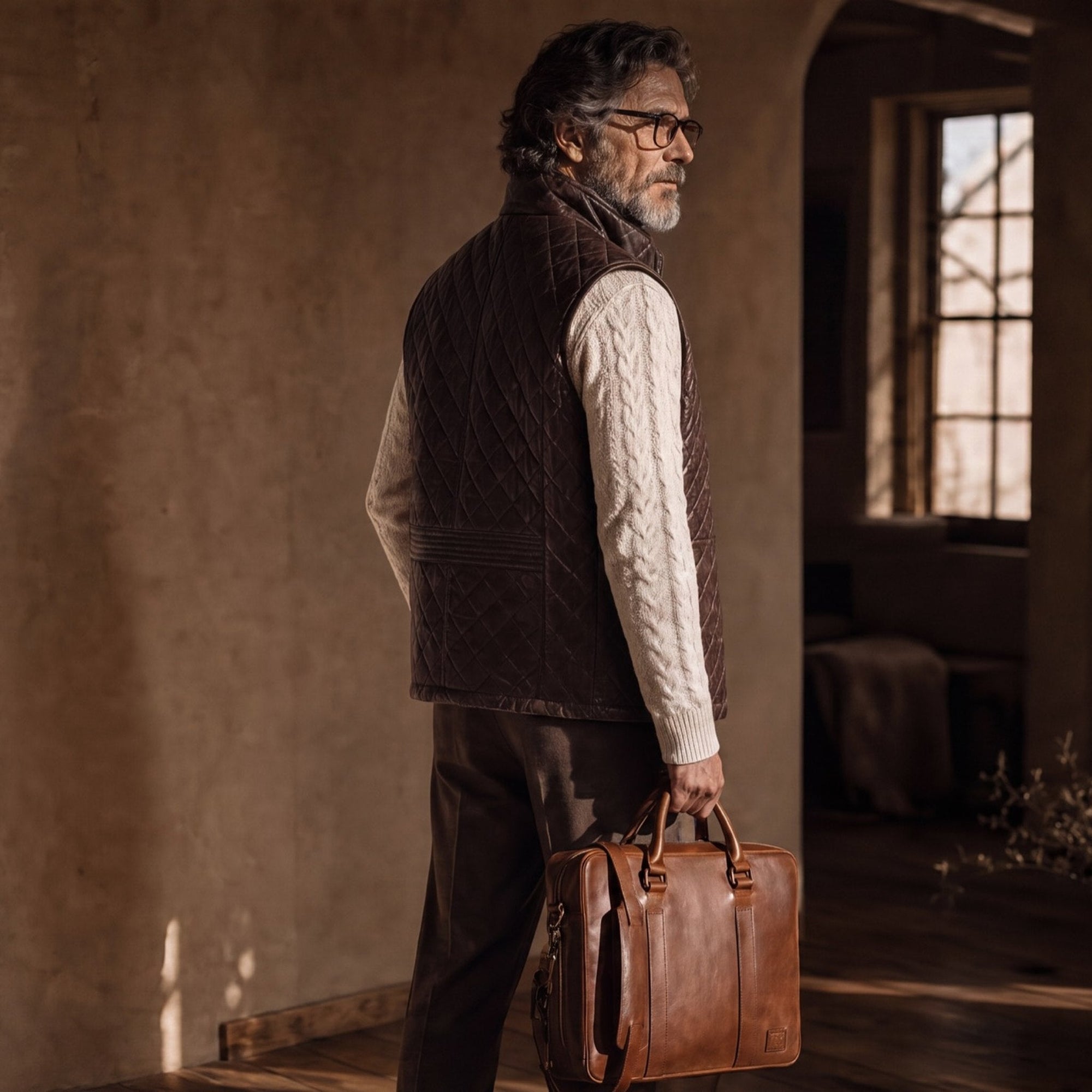 Man in the Highlands Quilted Leather Vest in Mahogany Brown in a sunlit room, carrying a leather briefcase.