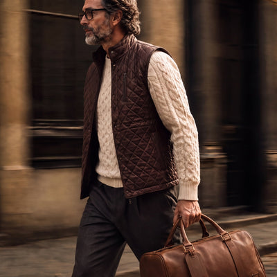 Man walking a cobbled street in the Highlands Quilted Leather Vest in Mahogany Brown with a leather duffle.