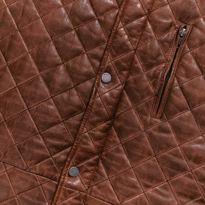 Highlands Quilted Leather Vest in Whiskey Brown, zippered chest pocket detail.