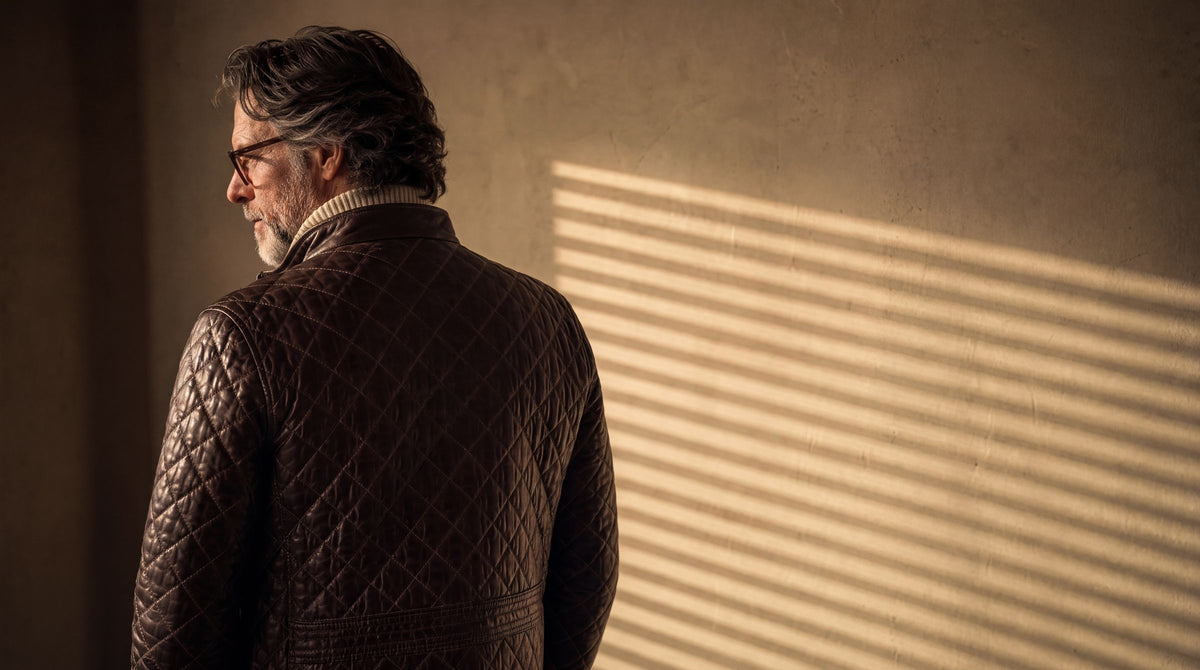 Man in a quilted leather jacket seen from behind, facing a wall of window light