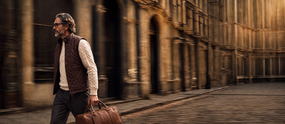 Man in a quilted leather vest and cable knit walking a cobbled old-town street with a leather duffle