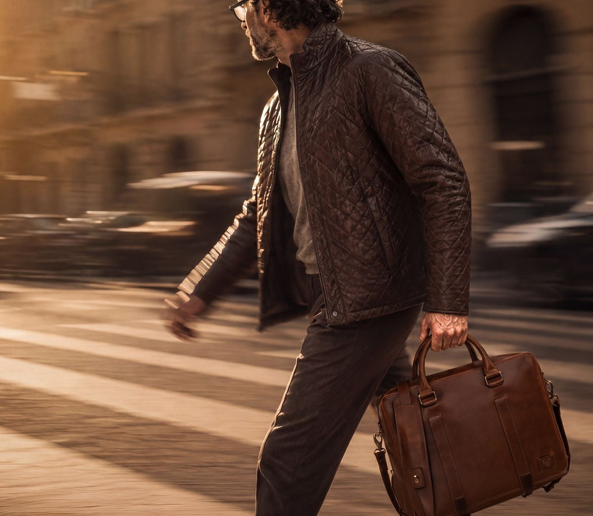 Walking with the Jefferson Leather Briefcase