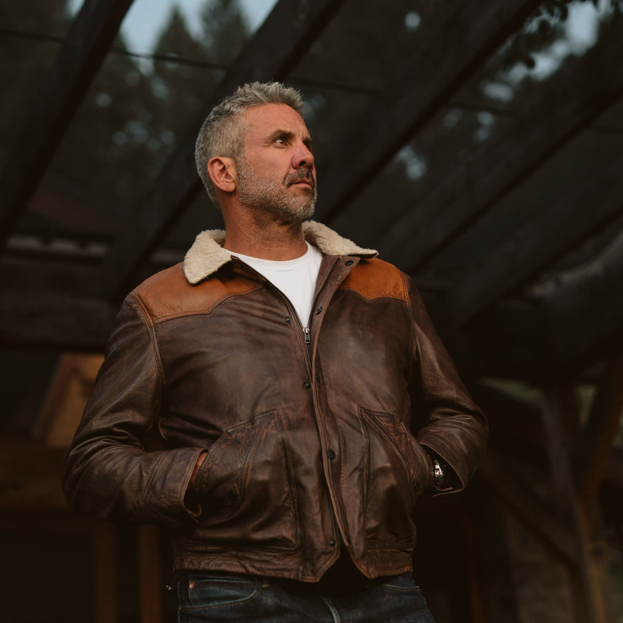 Jackson leather jacket with a synthetic sherpa lining and collar