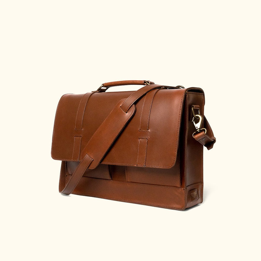 Jefferson Leather Messenger Bag in Elderwood Brown, front three-quarter view.