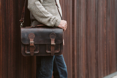 Roosevelt leather briefcase in dark oak, combining traditional aesthetics with modern functionality for business professionals.
