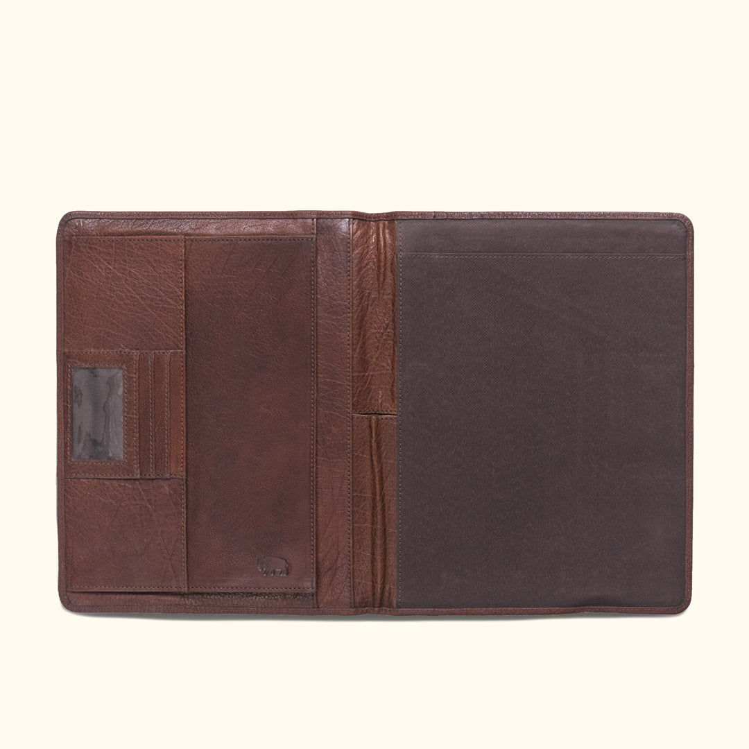 Limited edition Roosevelt buffalo grain leather travel padfolio, dark brown, with multiple slots and ID window.
