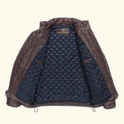 Front view of a mahogany brown quilted leather jacket featuring practical pockets and a high neck.