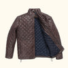 Mahogany brown quilted leather jacket with high collar and snap buttons for a classic look.
