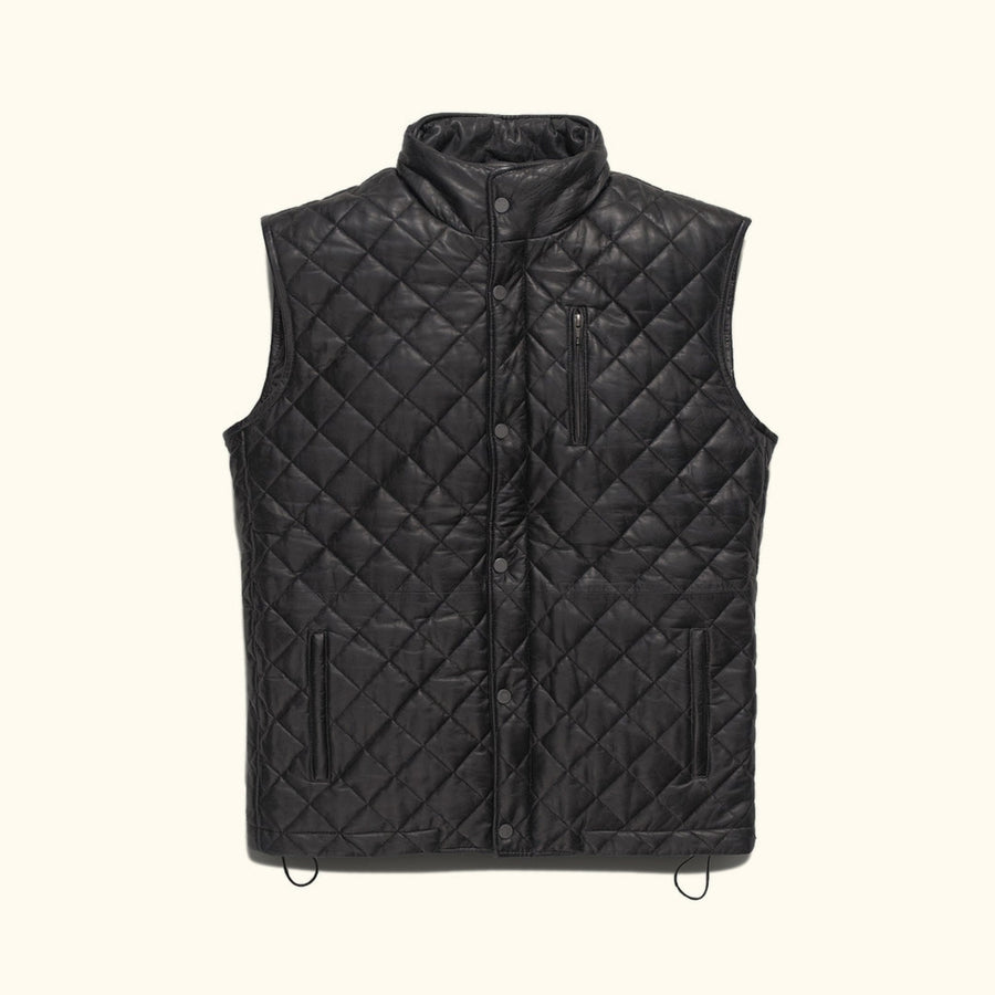 Man in the Highlands Quilted Leather Vest in Black, looking over his shoulder.