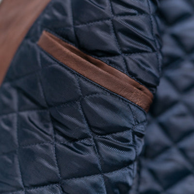 Sophisticated brown quilted leather vest with a high-neck collar and snap-button front.