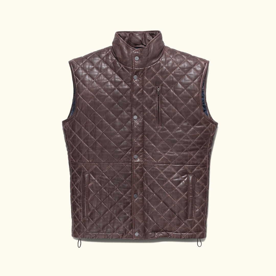 Mahogany brown quilted leather vest with a high collar and snap buttons, displayed flat.