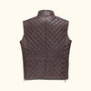 Luxurious mahogany brown quilted leather vest with a snap-button closure and zippered chest pocket.