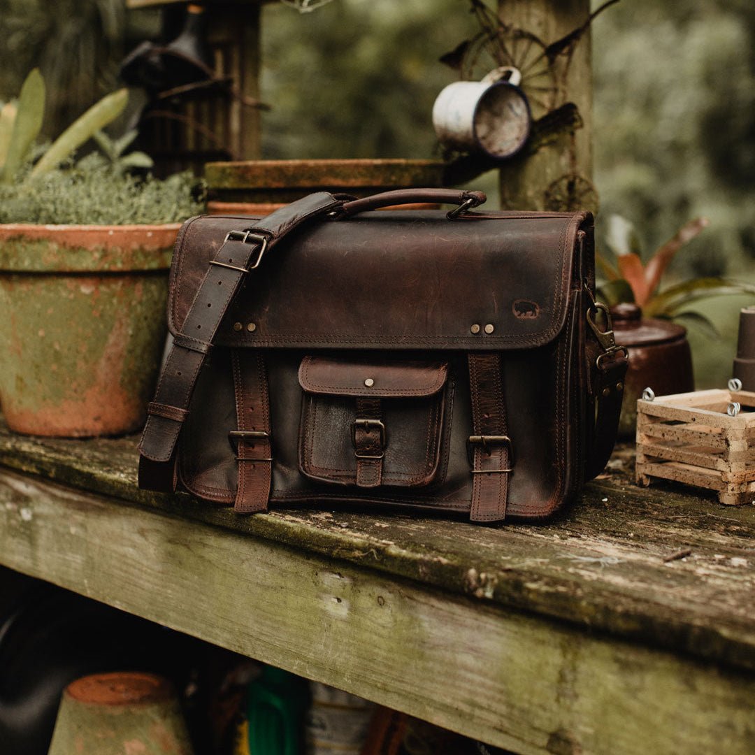 Roosevelt Buffalo Leather Briefcase Bag in Dark Oak with a flap cover and brass buckles