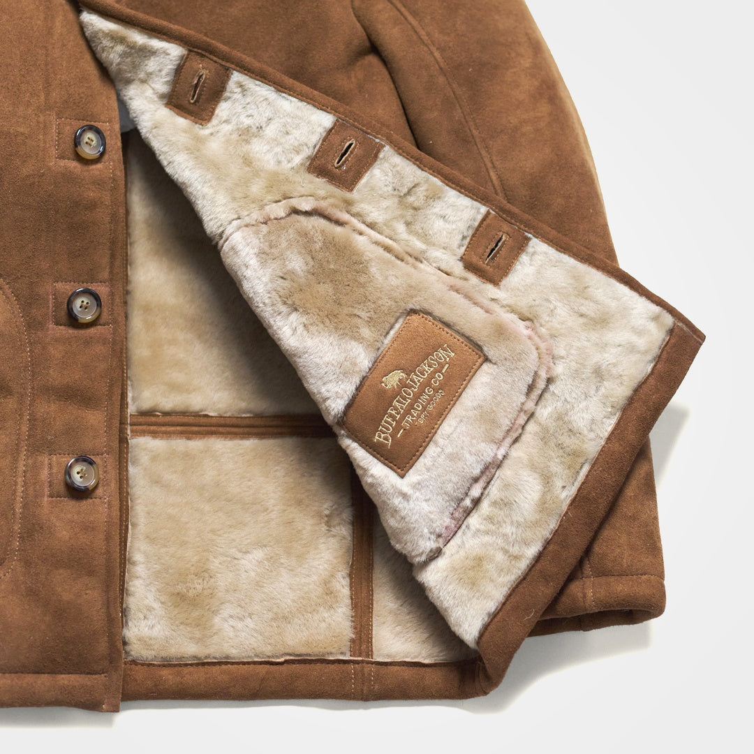 Brown Suede Shearling Coat Jacket in Wool Sheepskin Full