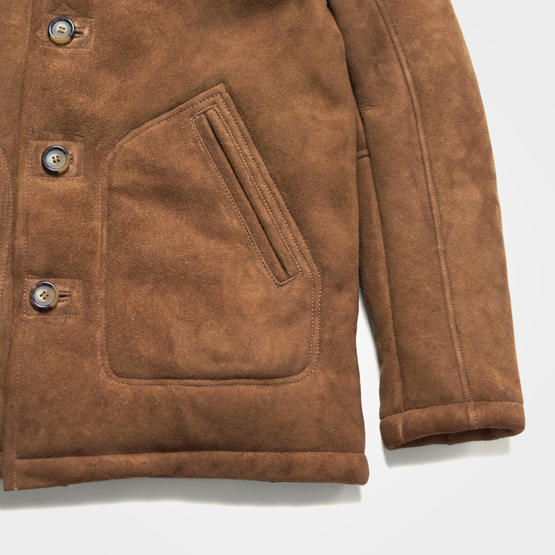 Pocket Stitching Detail - Pocket Brown Suede Shearling Wool