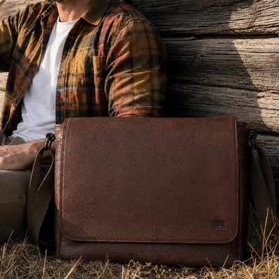Buffalo Grain Leather Messenger Bag - Out West in Rich Dark Brown Patina