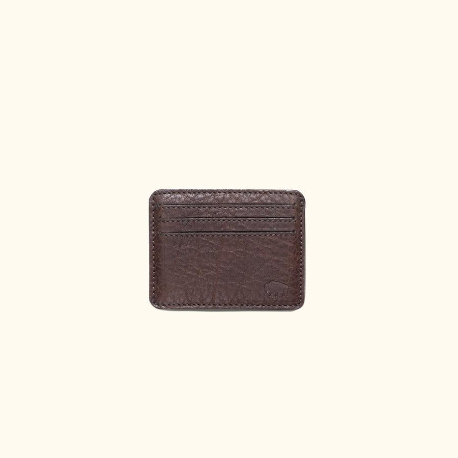 Compact Roosevelt buffalo grain leather wallet with ID window and detailed stitching.