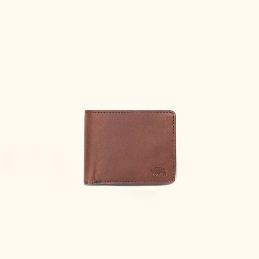 Amber brown Roosevelt leather billfold wallet with sleek design and fine stitching detail.