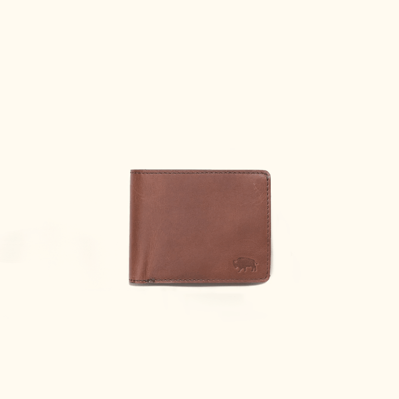 Amber brown Roosevelt full-grain water buffalo leather billfold wallet with ID window and suede lining, the most popular third anniversary leather gift for him