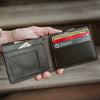 Refined dark oak leather wallet with billfold style, offering multiple card slots and a spacious cash compartment.