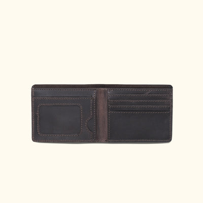 Classic dark oak leather wallet featuring a billfold design, crafted from premium buffalo leather.