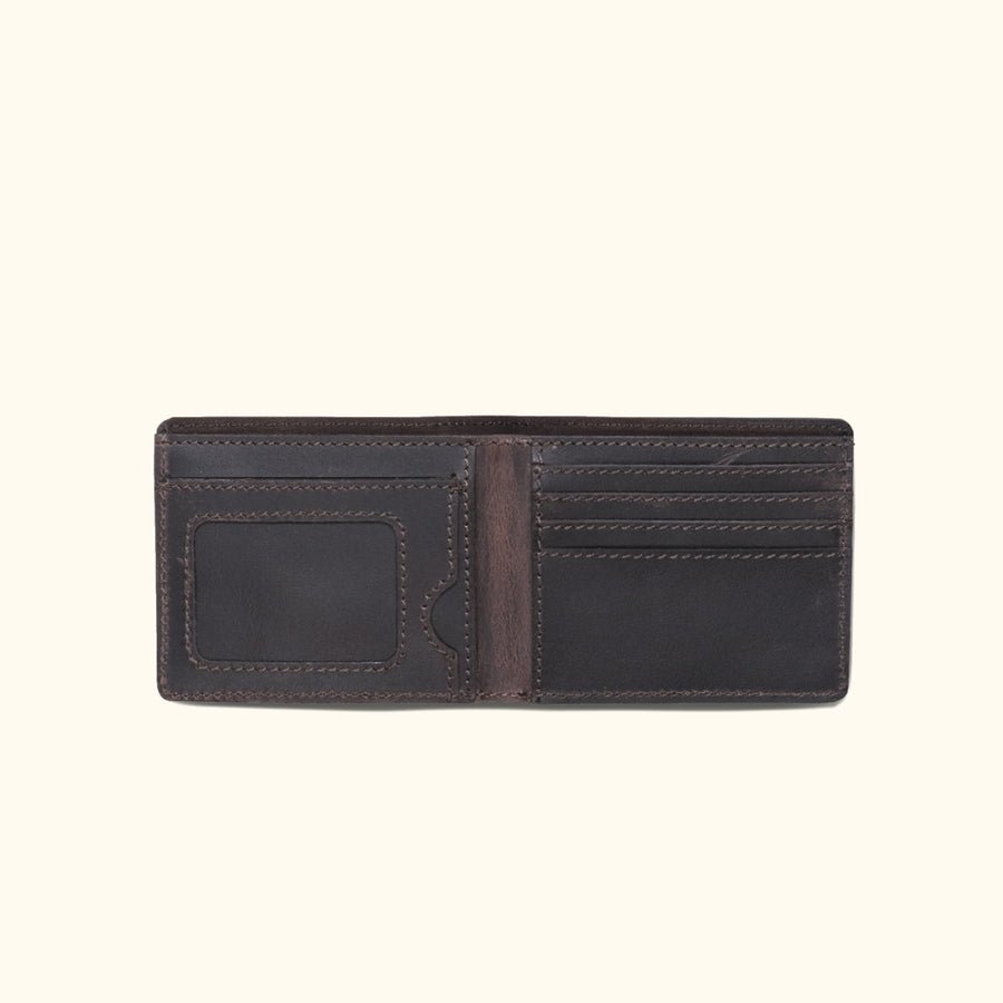 Dark oak Roosevelt leather billfold wallet with smooth finish and durable stitching for everyday use.