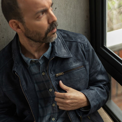 Windsor Cotton Shirt in Sky Pane under a dark denim jacket