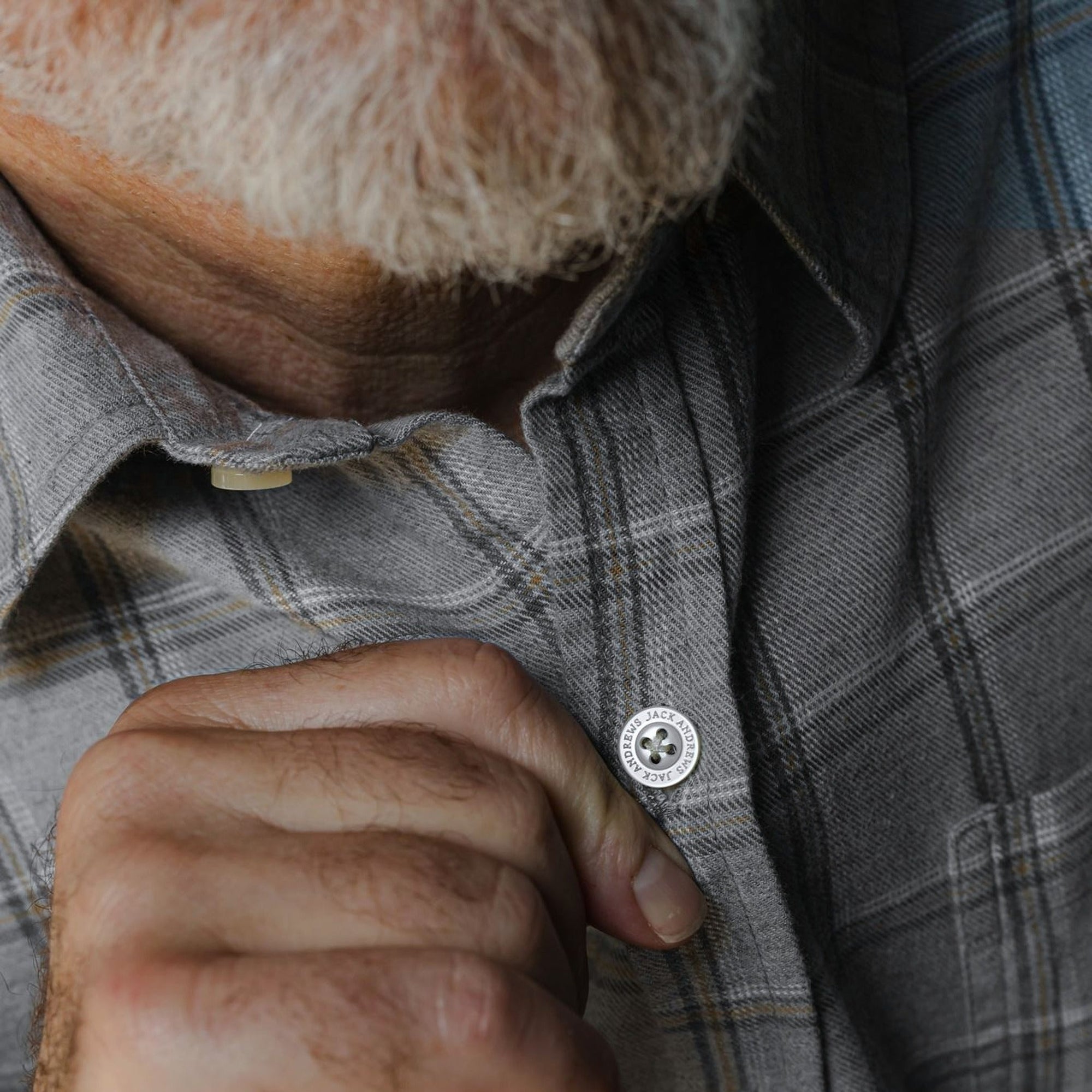 Close-up of the Windsor Cotton Shirt in Stone Pane: buttons and windowpane check