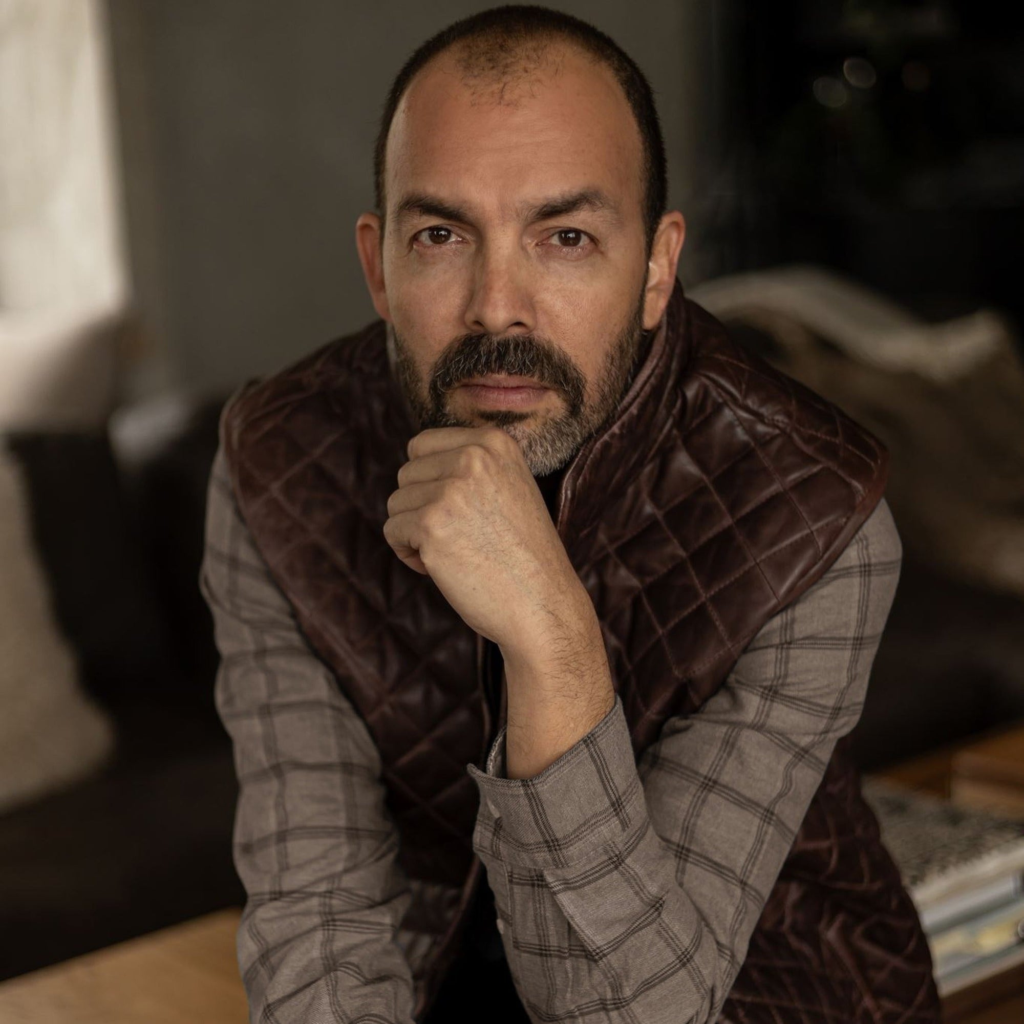 Windsor Cotton Shirt in Timber Pane under a quilted leather vest
