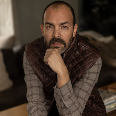 Windsor Cotton Shirt in Timber Pane under a quilted leather vest