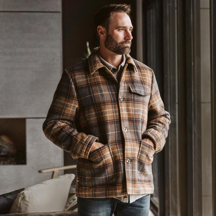 Men's Cropped Flannel Blouson Trucker Jacket Wool Blend
