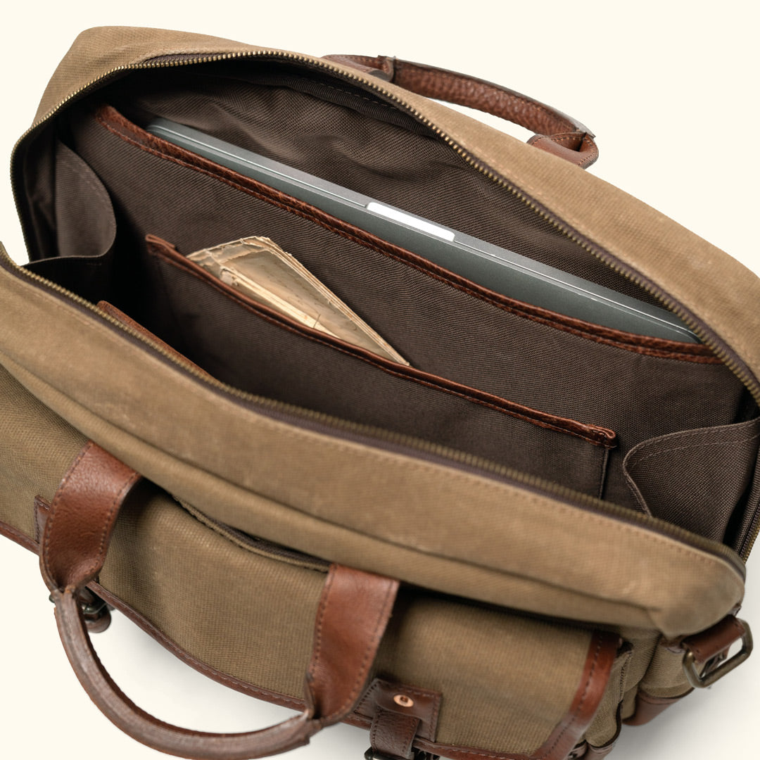 Buffalo Jackson Trading Co. Dakota Waxed Canvas Messenger Bag | Navy Charcoal w/ Saddle Tan Leather