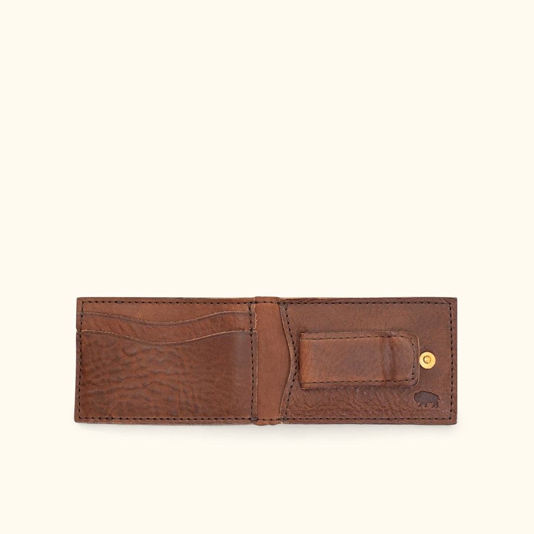 WALLET Slim Leather Wallet With Metal Money Clip - Dark Brown