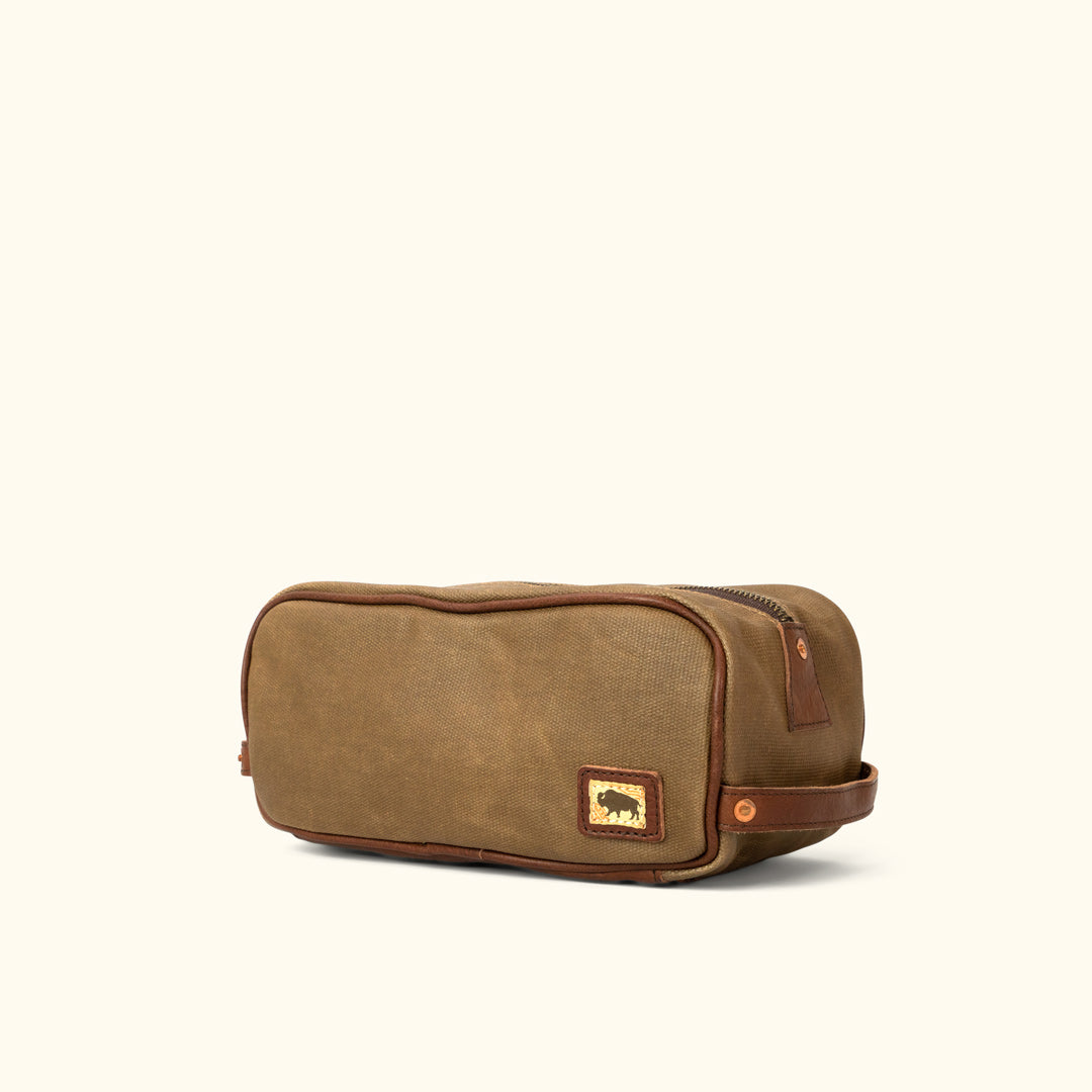 Dakota Waxed Canvas Dopp Kit Toiletry Bag | Field Khaki w/ Chestnut Brown Leather