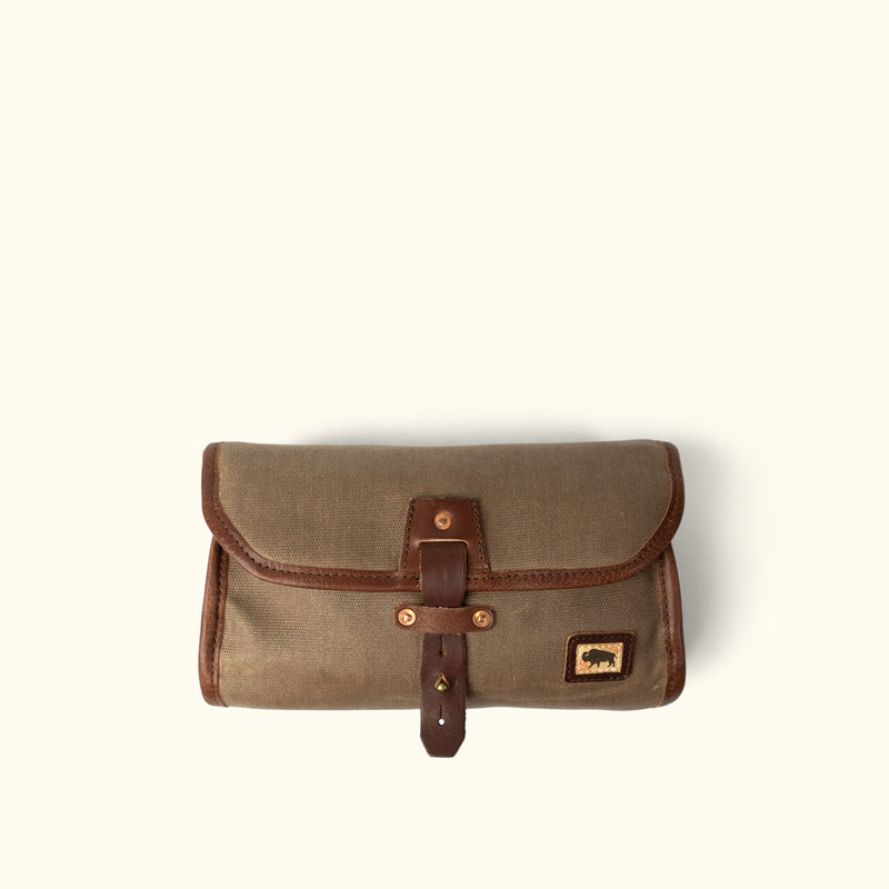 Dakota Waxed Canvas Hanging Toiletry Bag/Dopp Kit | Field Khaki w/ Chestnut Brown Leather