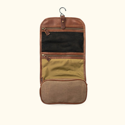 Dakota Waxed Canvas Hanging Toiletry Bag/Dopp Kit | Field Khaki w/ Chestnut Brown Leather