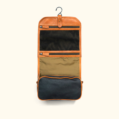 Dakota Waxed Canvas Hanging Toiletry Bag/Dopp Kit | Navy Charcoal w/ Saddle Tan Leather