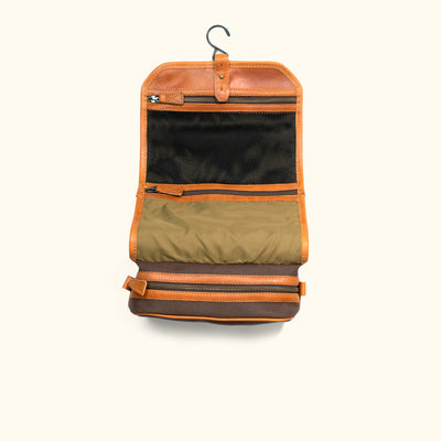 Dakota Waxed Canvas Hanging Toiletry Bag/Dopp Kit | Russet Brown w/ Saddle Tan Leather