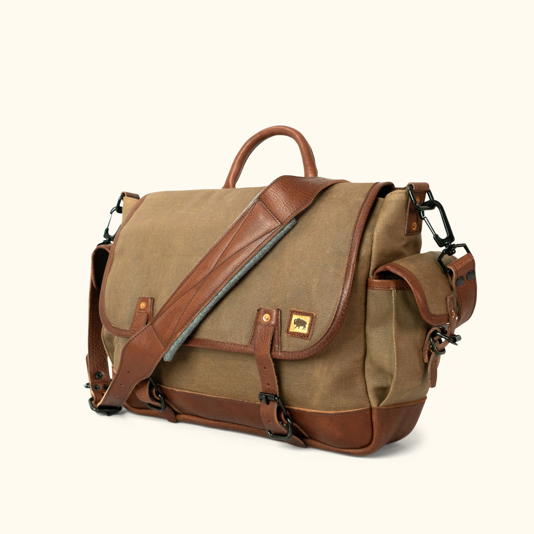 Waxed Canvas Messenger Bag Leather Shoulder Briefcase - Khaki