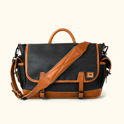 Men's Modern Canvas Messenger Bag | Navy Charcoal w/ Saddle Tan Leather